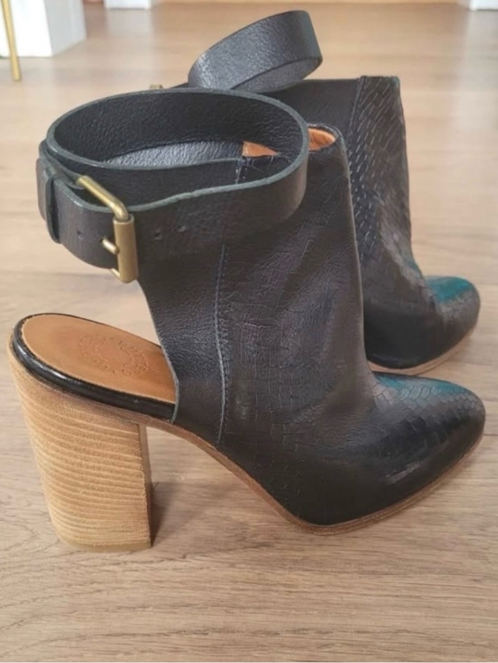 Buttero Black Leather Open-Ankle Block Heel Boots with Buckle Strap